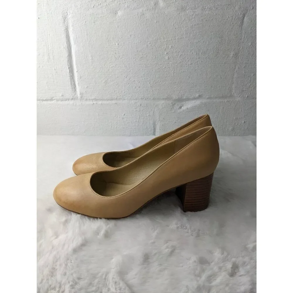 Adrienne Vittandi Leather Pumps in‎ Nude Contrast Block Heel Classic Size 10 New